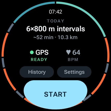 Ready screen: today's 6×800 m intervals, about 52 minutes and 10.3 km, GPS ready, heart rate 64, Start button